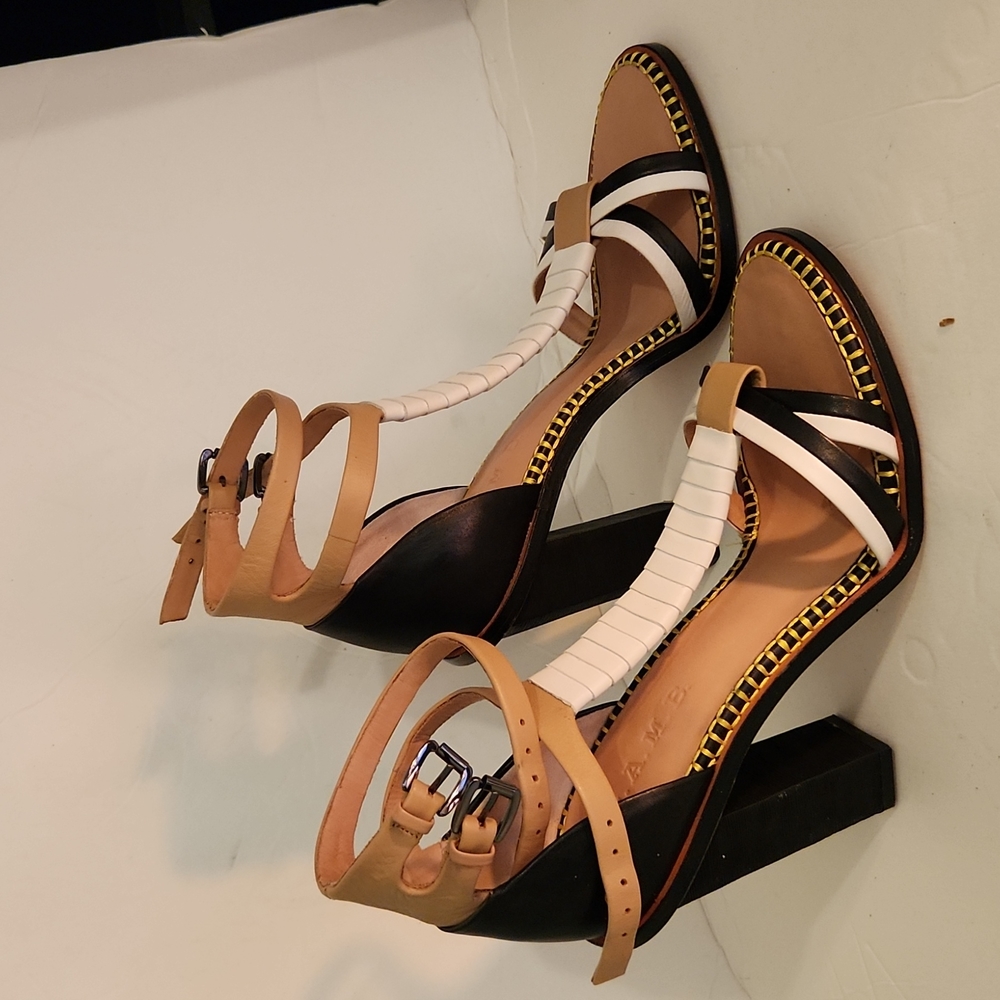 L.A.M.B. Black White Tan Strappy Block Heel Sandals